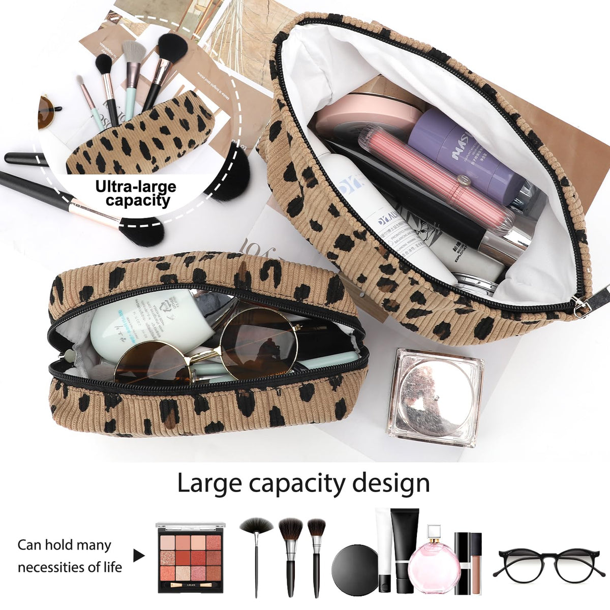 EIMMBD Makeup Bag 3 Pieces Large Capacity Cosmetic Bags Travel Toiletry Bag Organizer Cute Makeup Pouch Storage for Women(Brown Leopard)