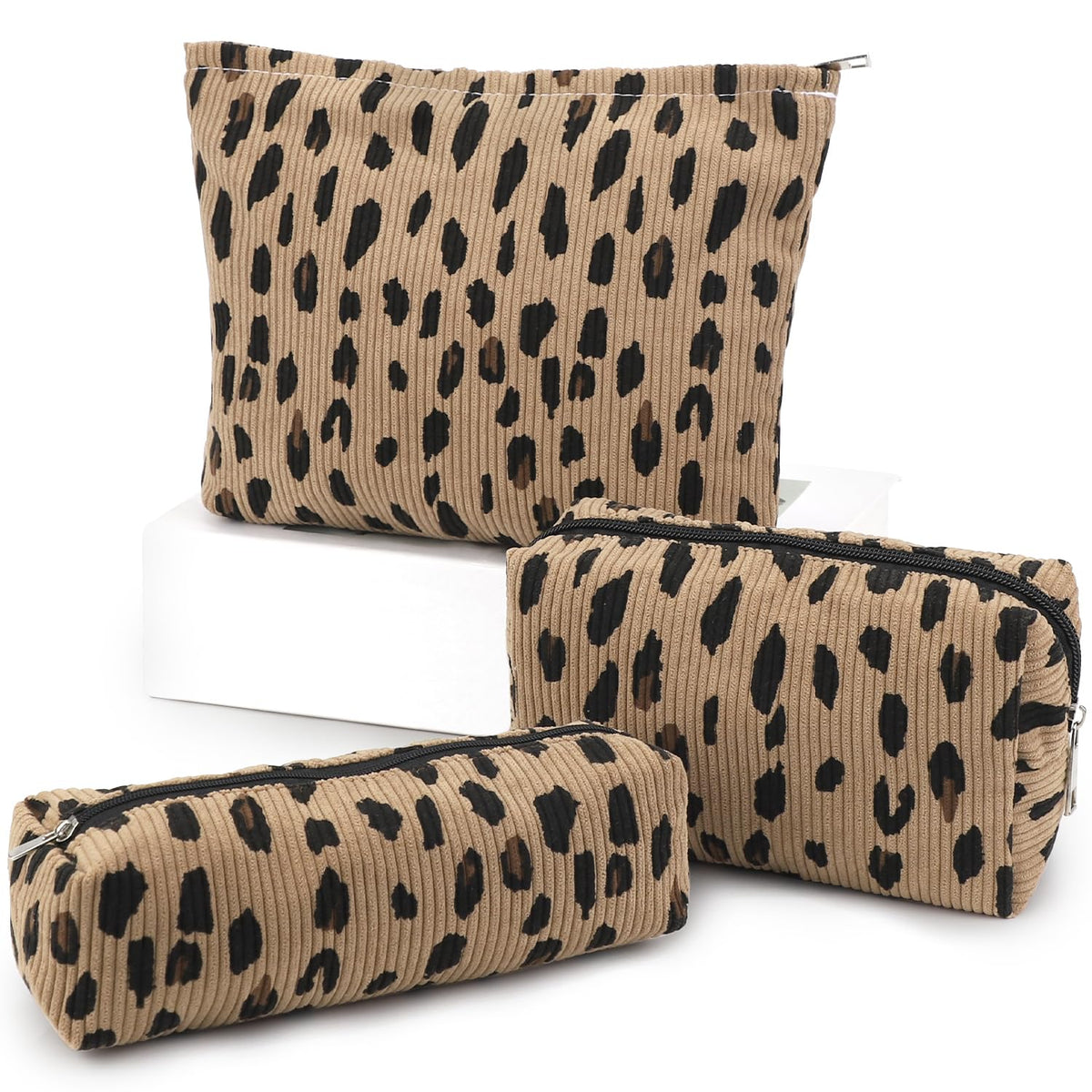 EIMMBD Makeup Bag 3 Pieces Large Capacity Cosmetic Bags Travel Toiletry Bag Organizer Cute Makeup Pouch Storage for Women(Brown Leopard)