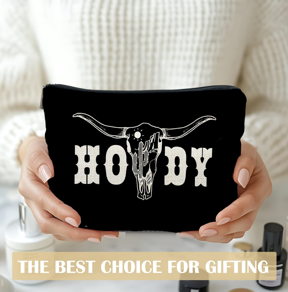 Elpwk Boho Western Howdy Makeup Bag for Women, Southwestern Cowboy Cow Skull Cactus Cosmetic Bags,Gifts for For Mom Friends Teen Girl & Women, Black Western Zipper Makeup Pouch for Purse