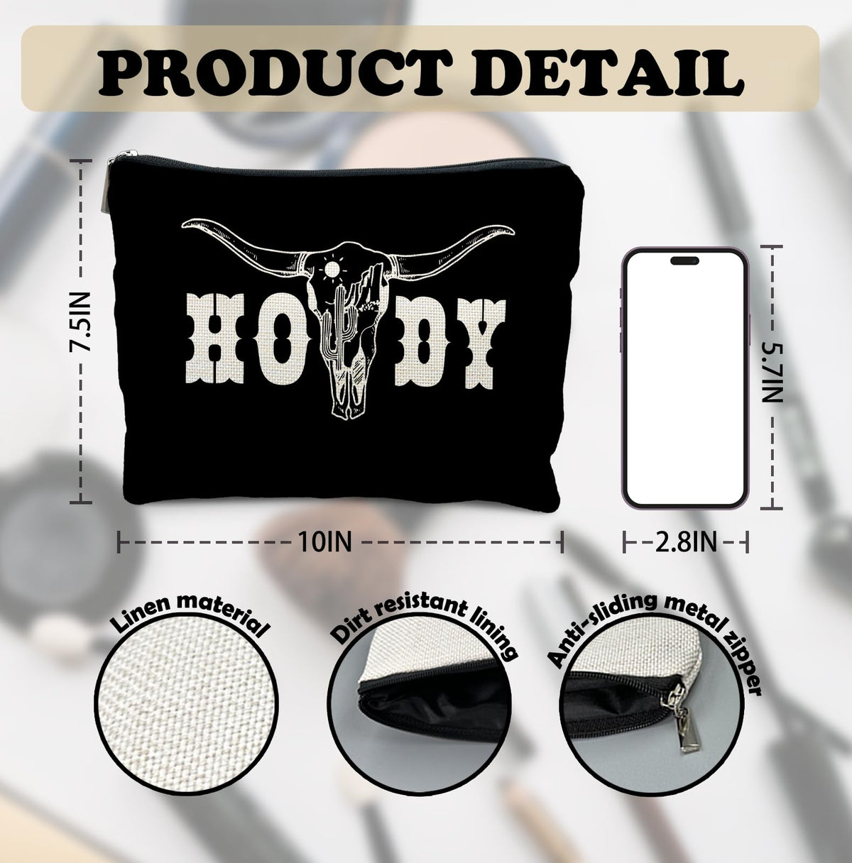 Elpwk Boho Western Howdy Makeup Bag for Women, Southwestern Cowboy Cow Skull Cactus Cosmetic Bags,Gifts for For Mom Friends Teen Girl & Women, Black Western Zipper Makeup Pouch for Purse