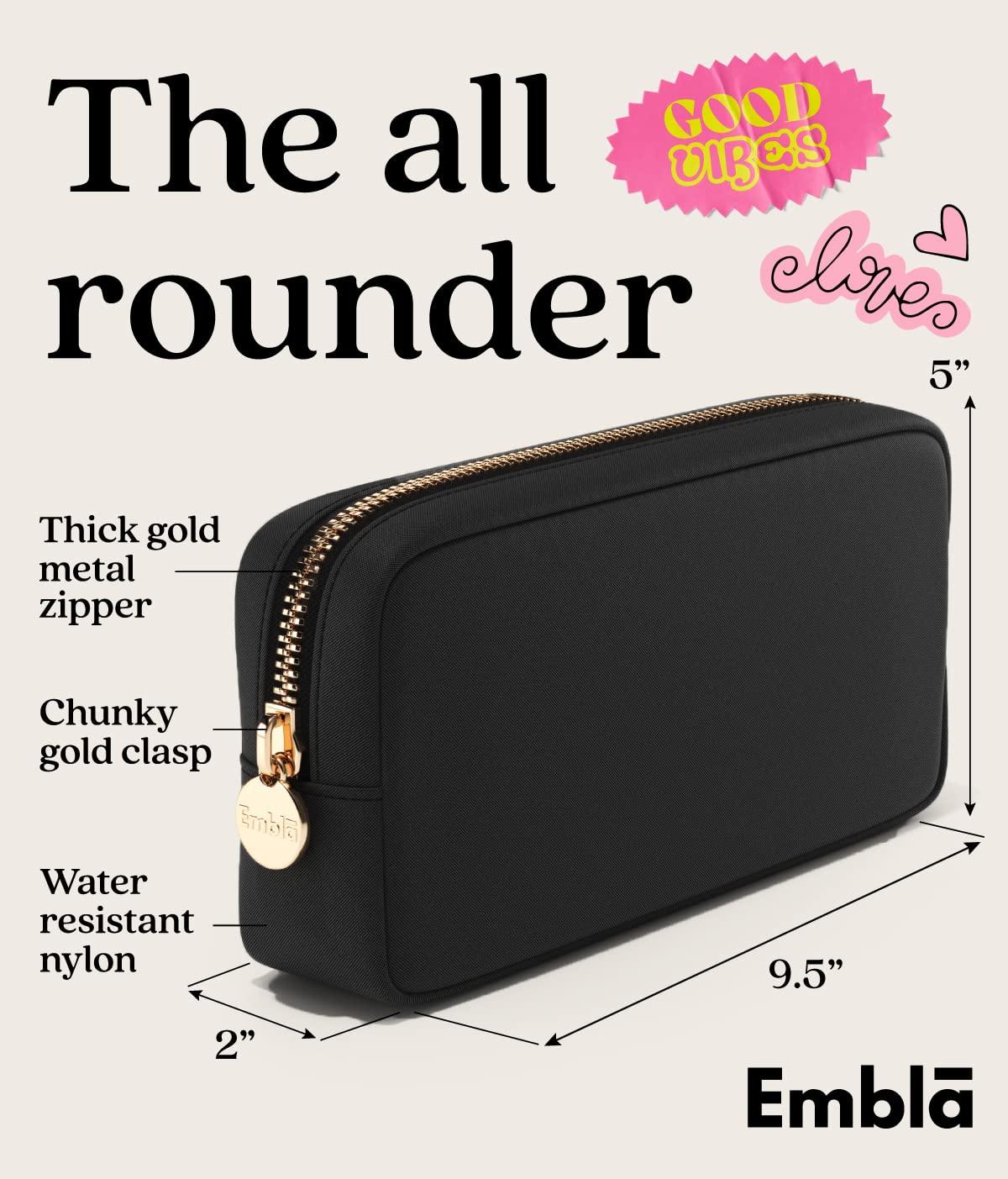 Embla Makeup Bag Travel Cosmetics Pouch and Toiletry Bag, Nylon Zipper Pouch Purse, Cute Make Up Organizer Storage Tote for Women Girls, Waterproof Travel Skincare Case, Small Makeup Bags, Black