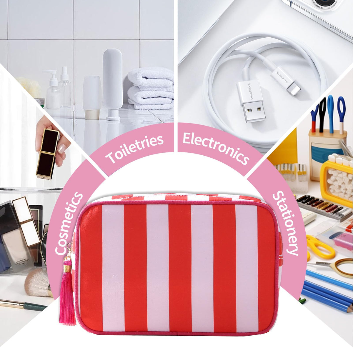 EMBRUNIOICE Travel Striped Makeup Bag, Red and Pink