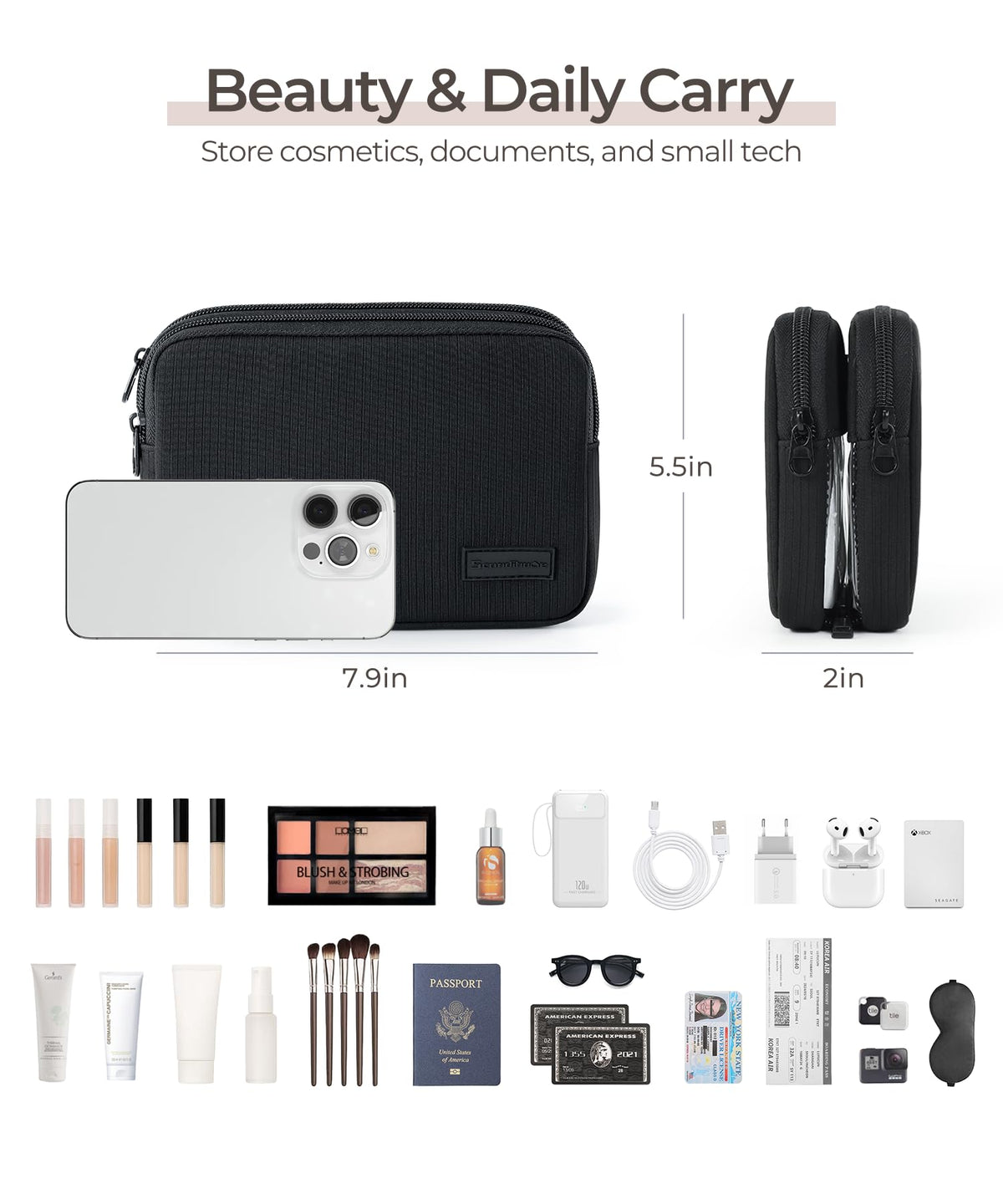 EPEDAL24 Preppy Makeup Bag, Rectangle Double Detachable Cosmetic Organizer, Clear Side Panel Portable Travel Pouches for In-Flight Essentials, Beauty & Tech Accessories, Gift for Women