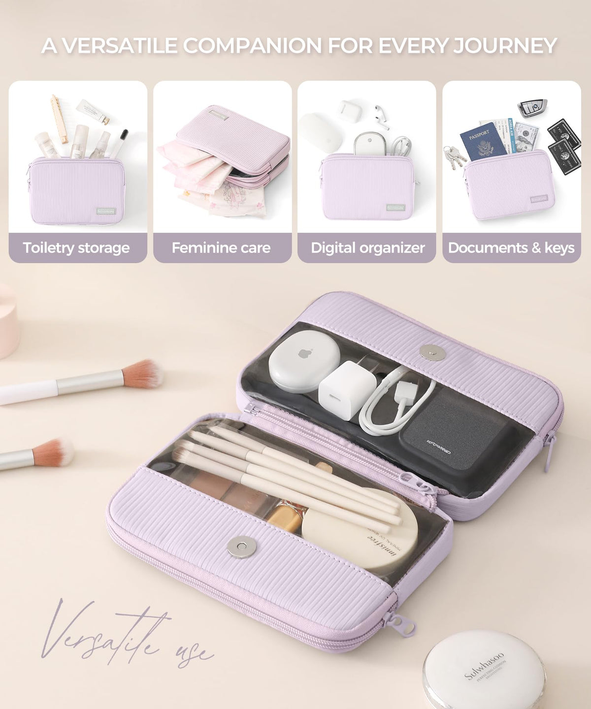 EPEDAL24 Preppy Makeup Bag, Rectangle Double Detachable Cosmetic Organizer, Clear Side Panel Portable Travel Pouches for In-Flight Essentials, Beauty & Tech Accessories, Gift for Women