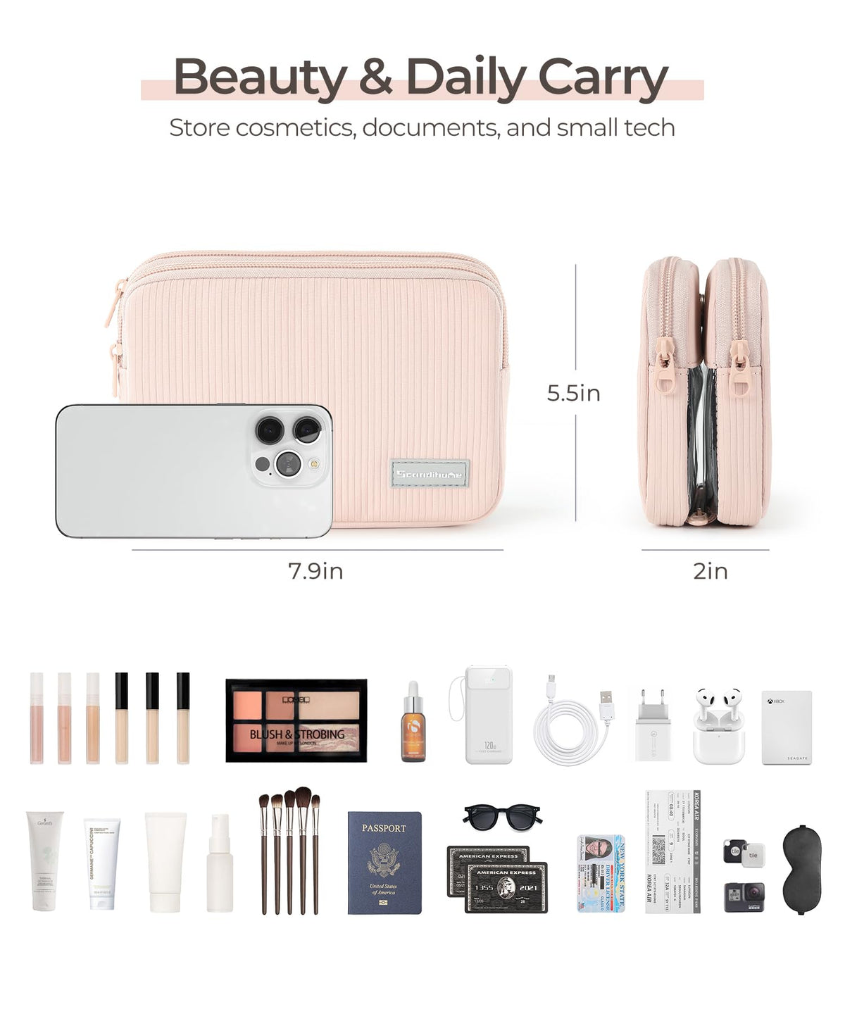EPEDAL24 Preppy Makeup Bag, Rectangle Double Detachable Cosmetic Organizer, Clear Side Panel Portable Travel Pouches for In-Flight Essentials, Beauty & Tech Accessories, Gift for Women