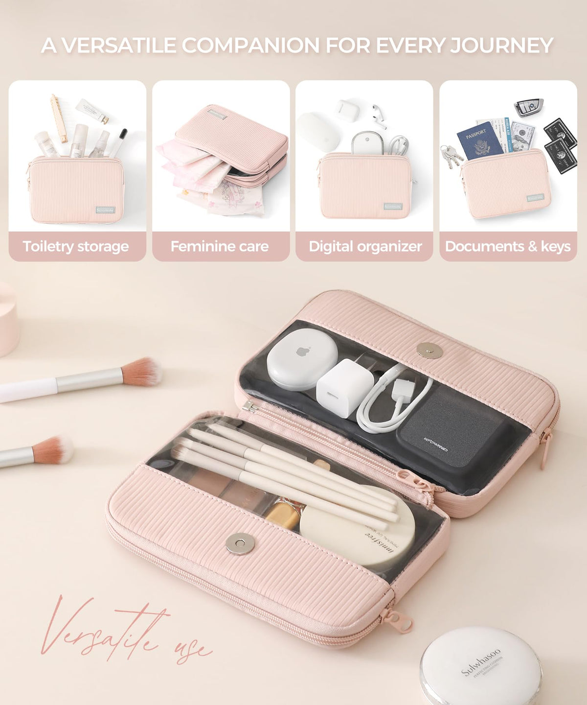 EPEDAL24 Preppy Makeup Bag, Rectangle Double Detachable Cosmetic Organizer, Clear Side Panel Portable Travel Pouches for In-Flight Essentials, Beauty & Tech Accessories, Gift for Women