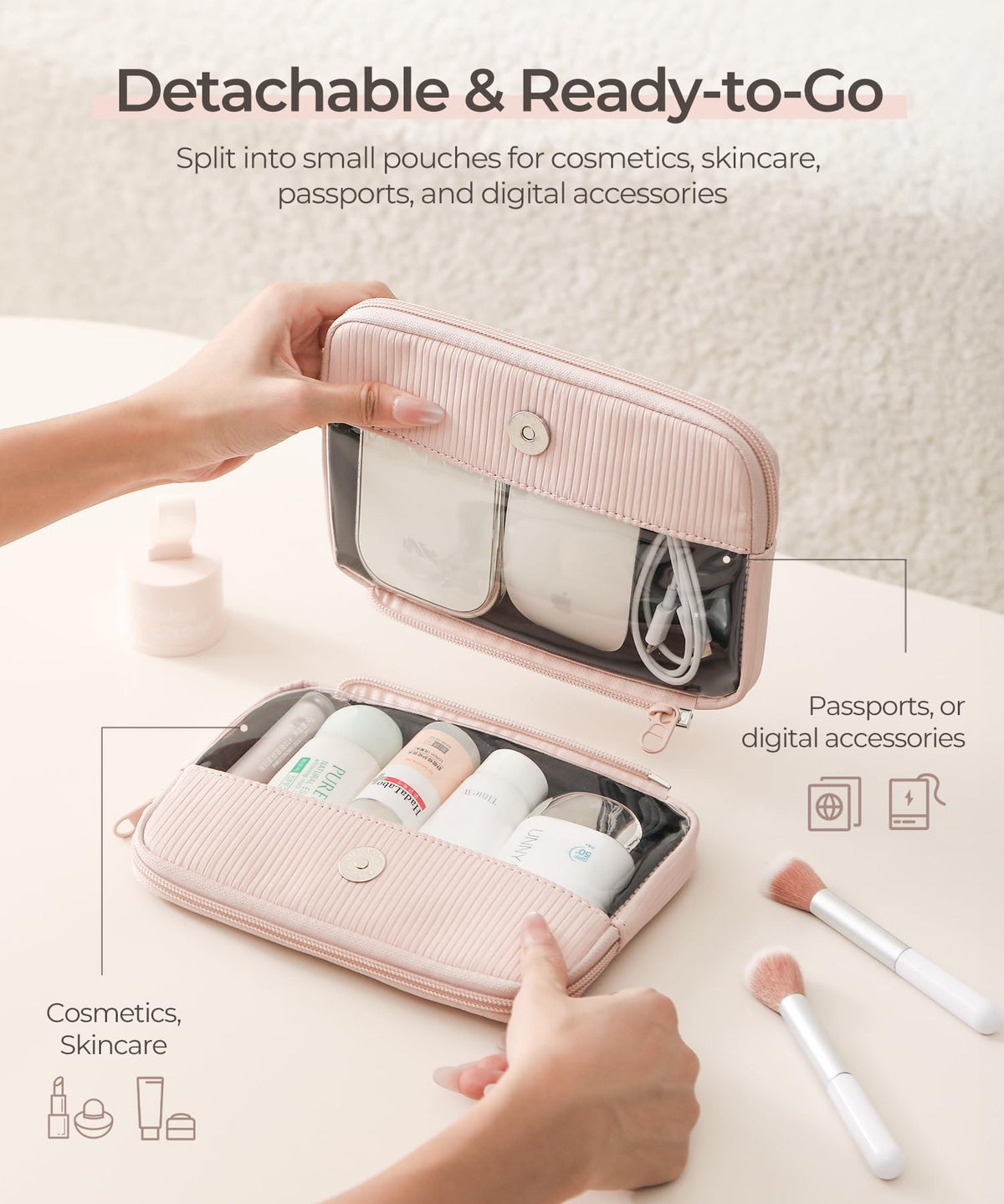 EPEDAL24 Preppy Makeup Bag, Rectangle Double Detachable Cosmetic Organizer, Clear Side Panel Portable Travel Pouches for In-Flight Essentials, Beauty & Tech Accessories, Gift for Women