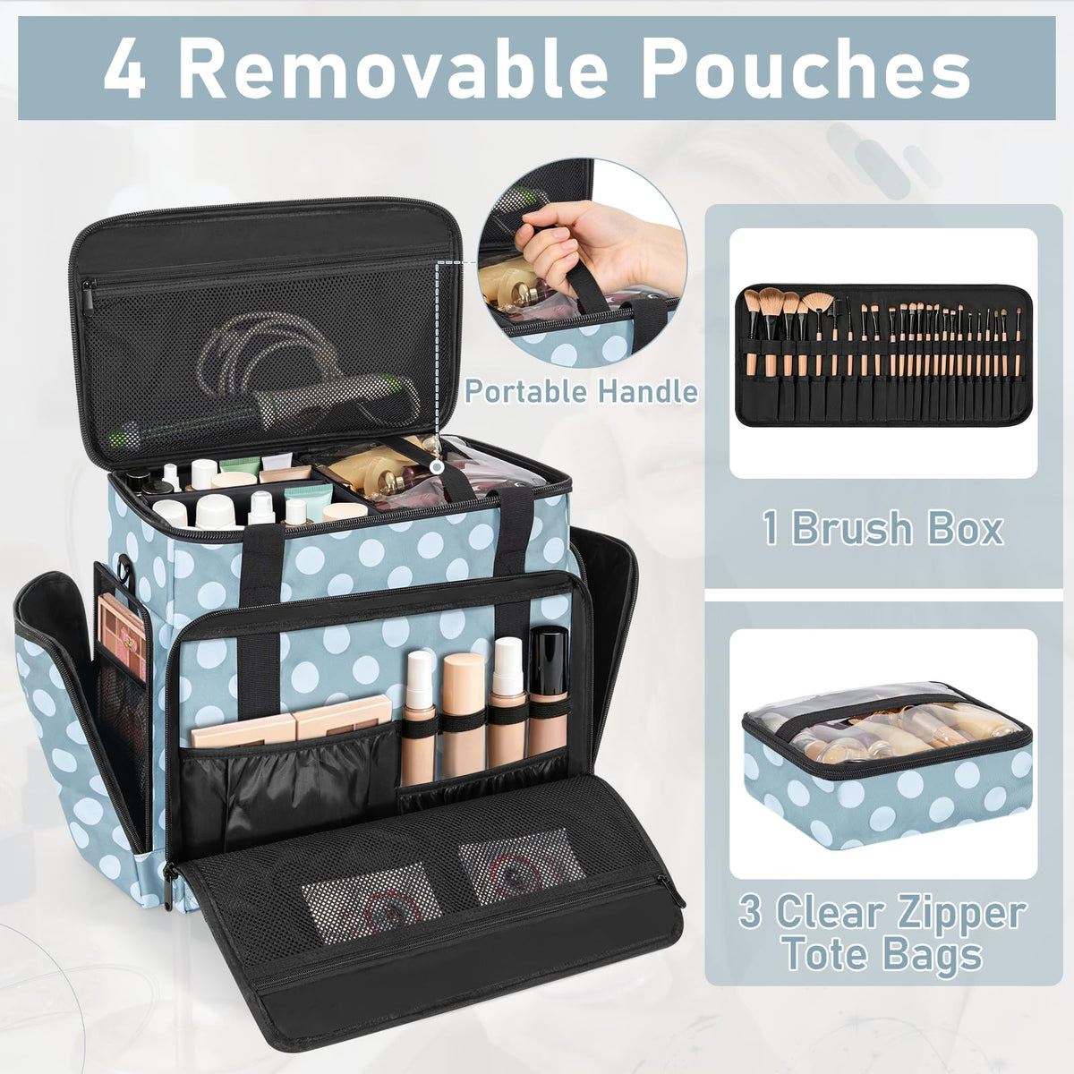 Extra Large Rolling Makeup Bag with 4 Removable Pouches and 1 Brush Holder