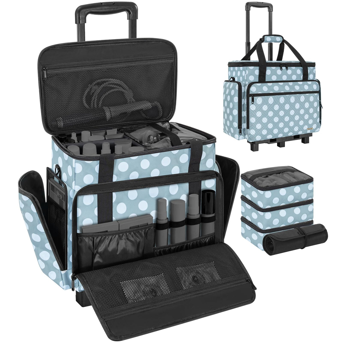 Extra Large Rolling Makeup Bag with 4 Removable Pouches and 1 Brush Holder
