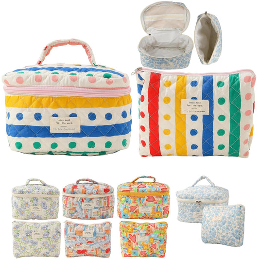 Fcteap Makeup Bag Travel Essentials Quilted Cosmetic Toiletry Pouch Organizer Insert for Women Dorm Room Essential Gift Large Capacity Opening Lightweight Cute Aesthetic Portable 2PCS (Colorful Dots)