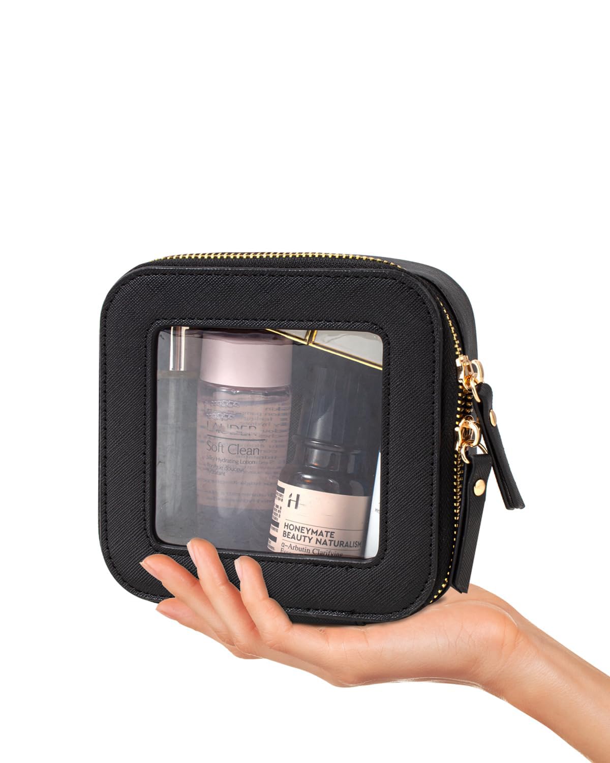 FFpaw Valentine's Day Gifts Clear Makeup Bag Small, Mini Cosmetic Bag for Purse Clear Makeup Pouch Purse Organizer with Zipper Travel Toiletry Bag Car Organizer Essentials for Women Men (Mini Black)