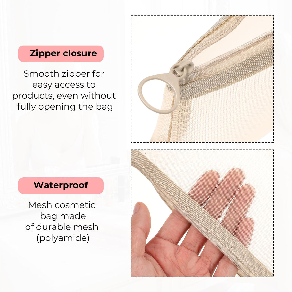 Fibraze 3 PCS Makeup Brush Pouch, Mesh Makeup Bag, Nylon Zipper Pouch, Mesh Makeups Brush Bag, Portable Clear Travel Cosmetic Bags, Small Organizer for Home Office Accessories