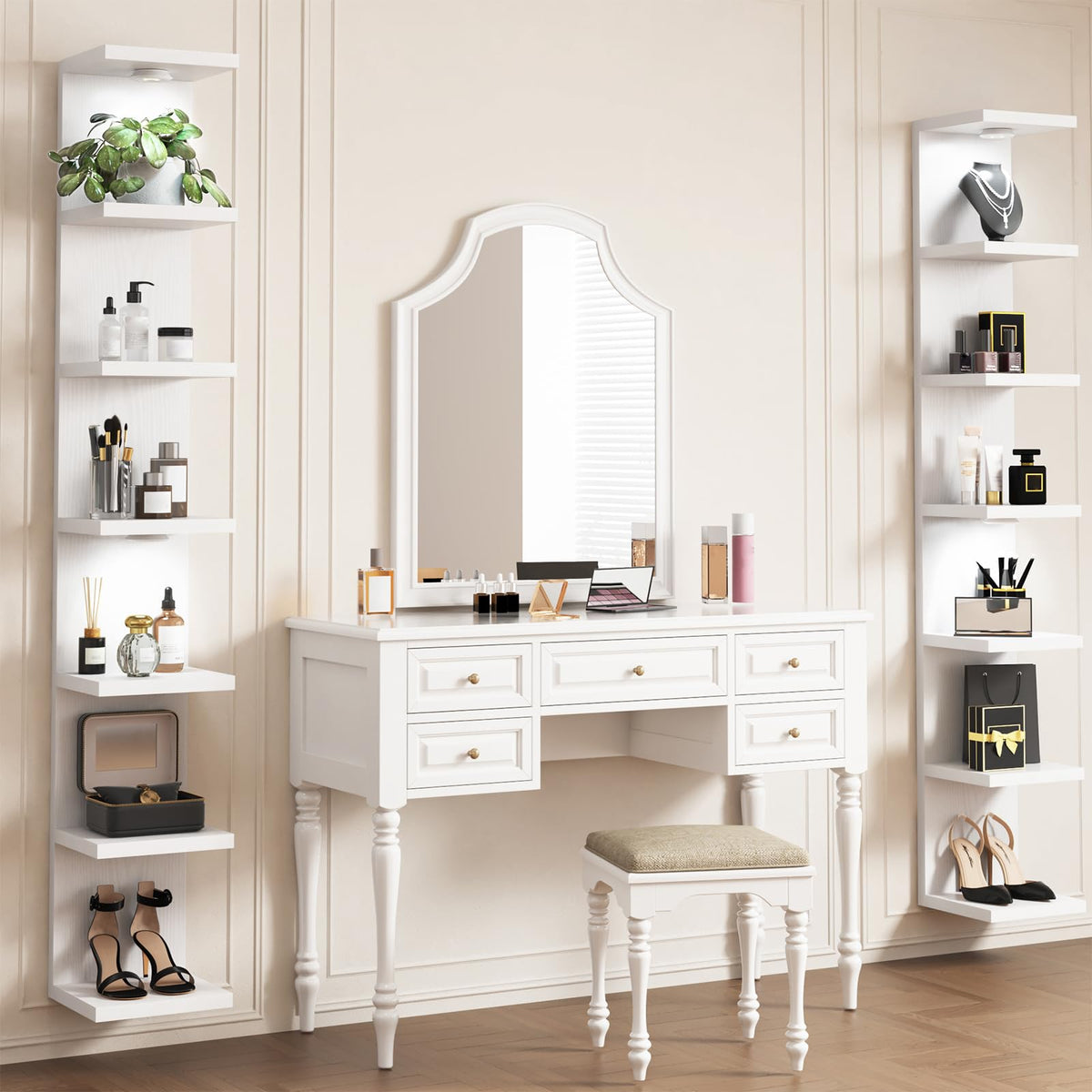 Fixwal 7 Tier Wall Shelf with LED Lights Lack Shelf for Room Deocr (White)