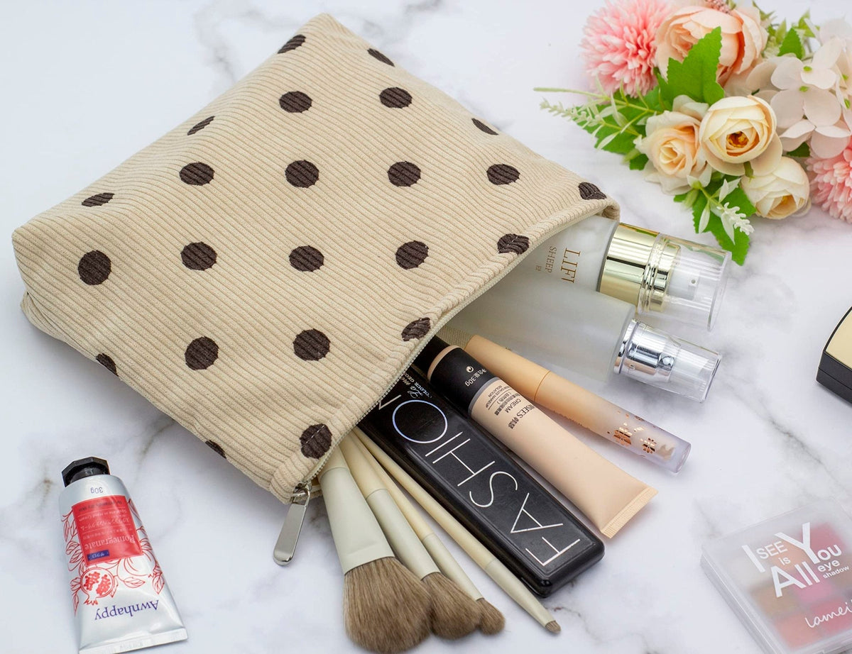 Flat Makeup Bag for Women,Zipper Cosmetic Pouch for Purse,Polka Dot Beige