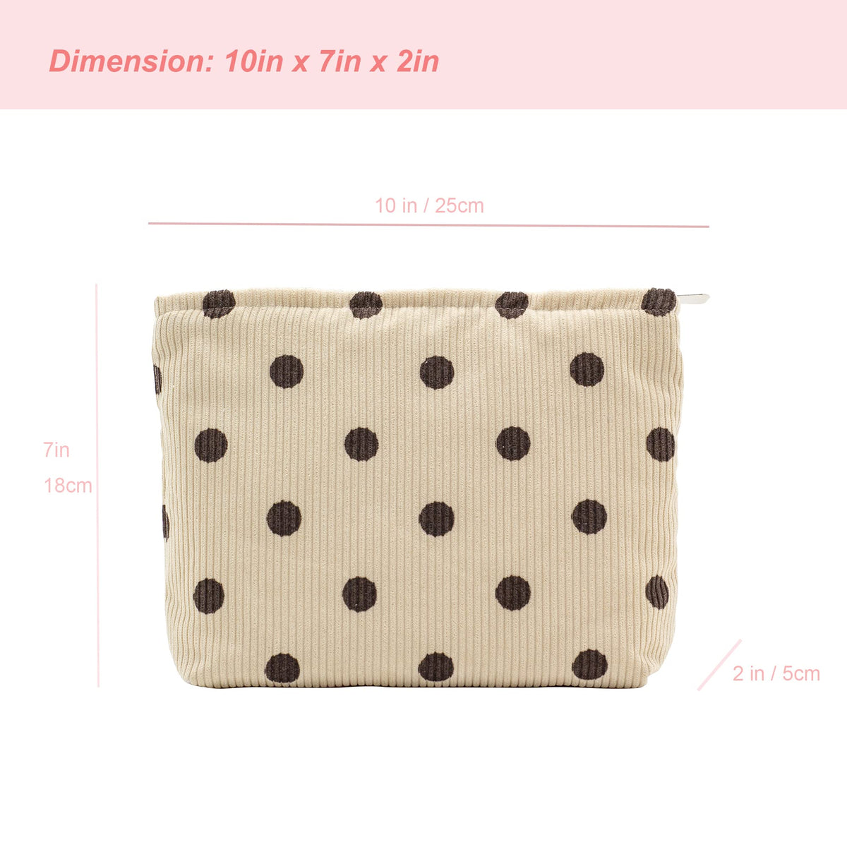 Flat Makeup Bag for Women,Zipper Cosmetic Pouch for Purse,Polka Dot Beige