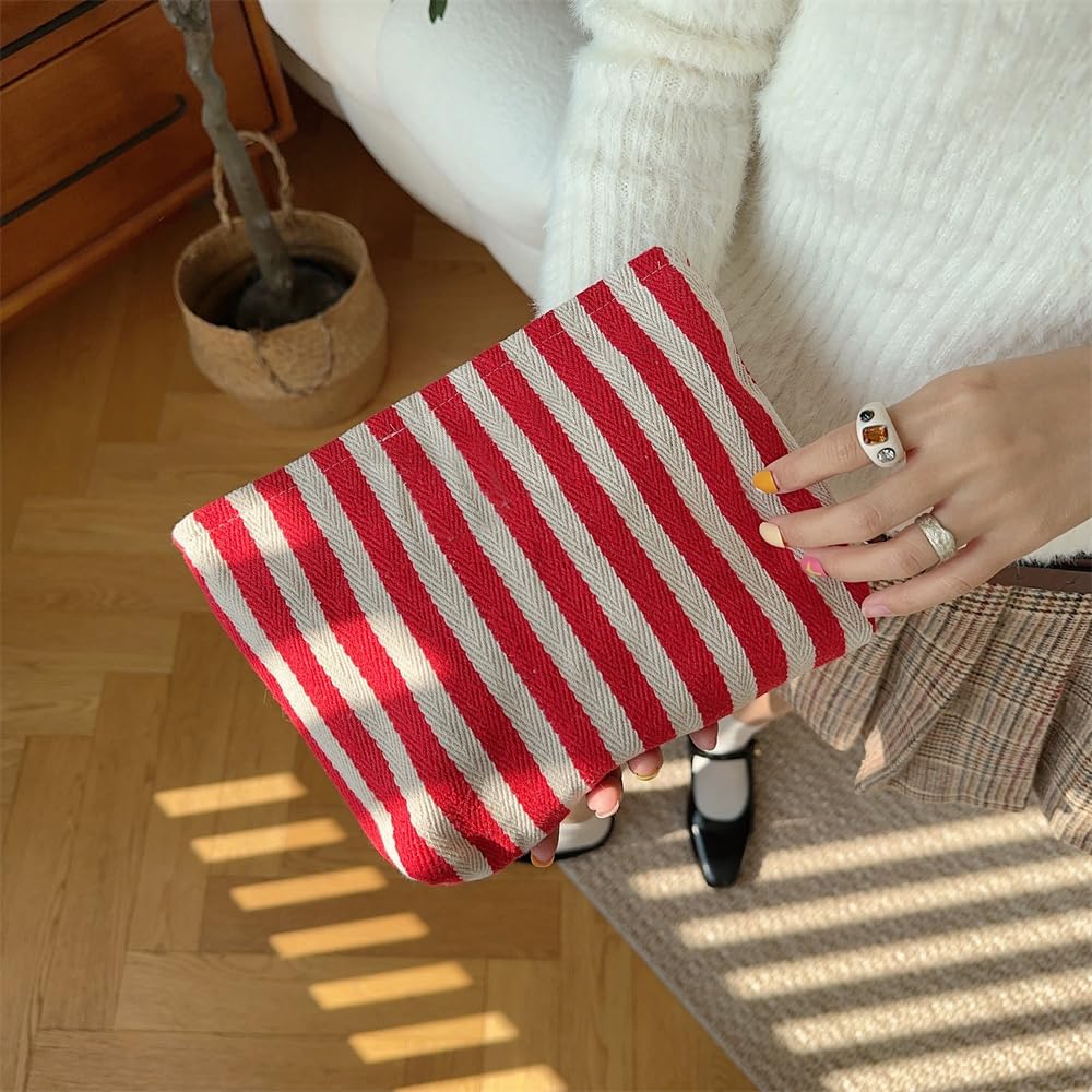 Flat Makeup Bag for Women,Zipper Cosmetic Pouch for Purse,Stripe Red