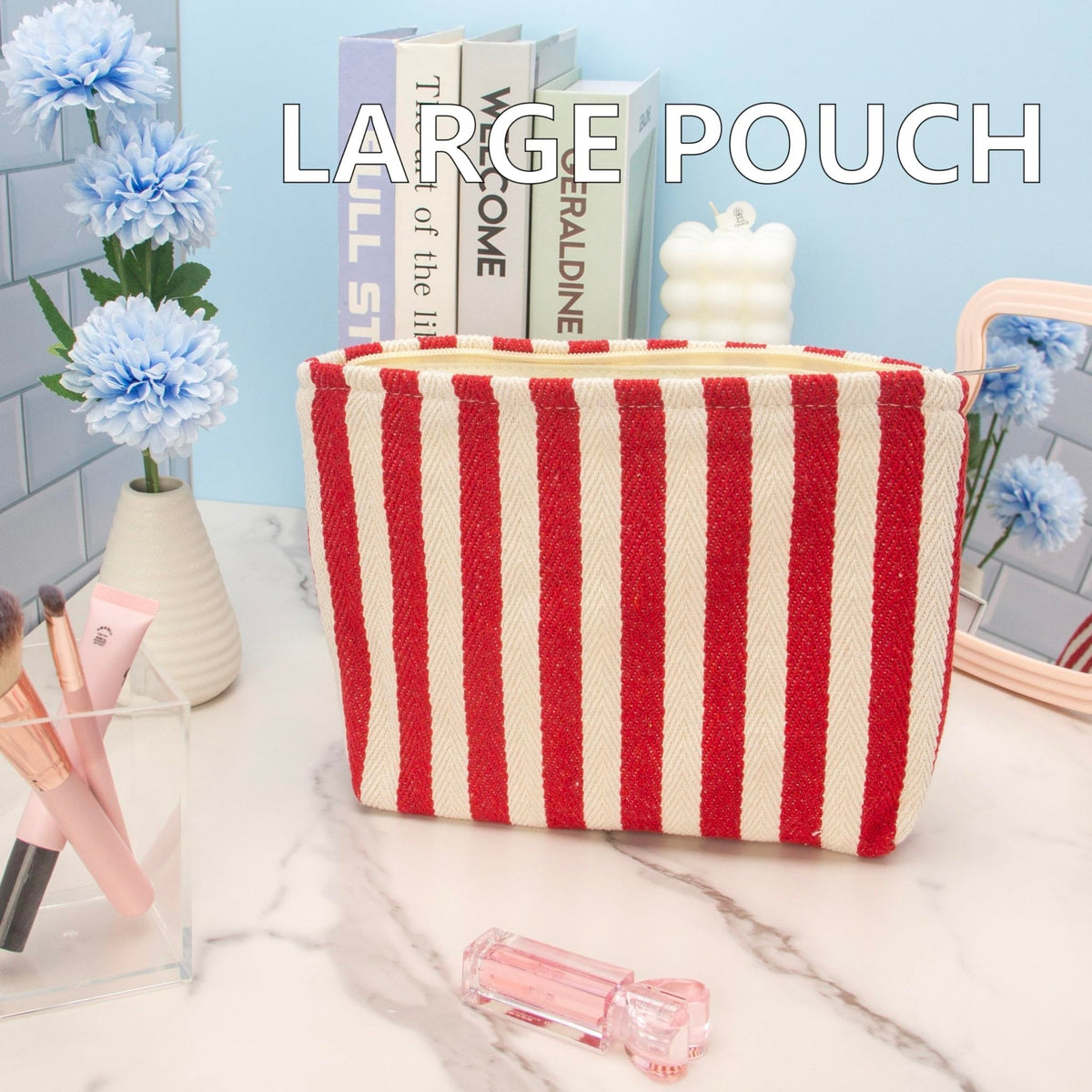 Flat Makeup Bag for Women,Zipper Cosmetic Pouch for Purse,Stripe Red