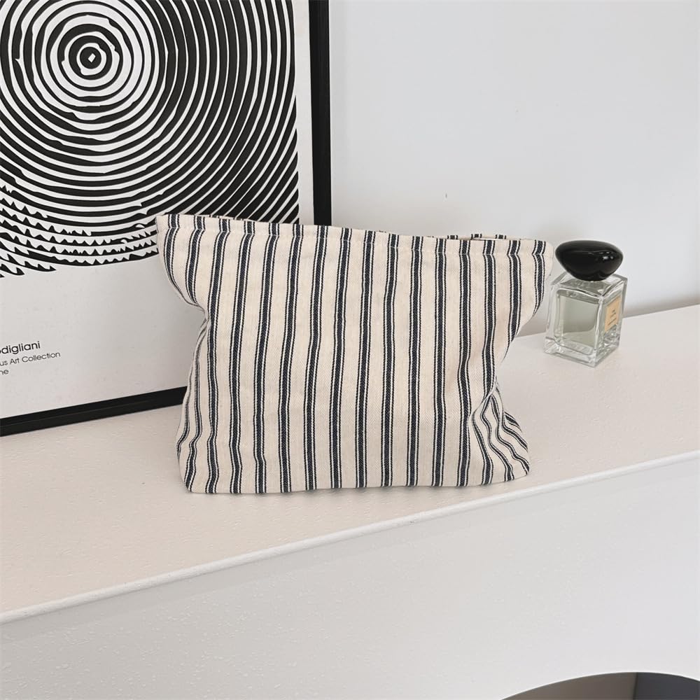 Flat Makeup Bag for Women,Zipper Cosmetic Pouch,Vintage Stripe Navy Blue
