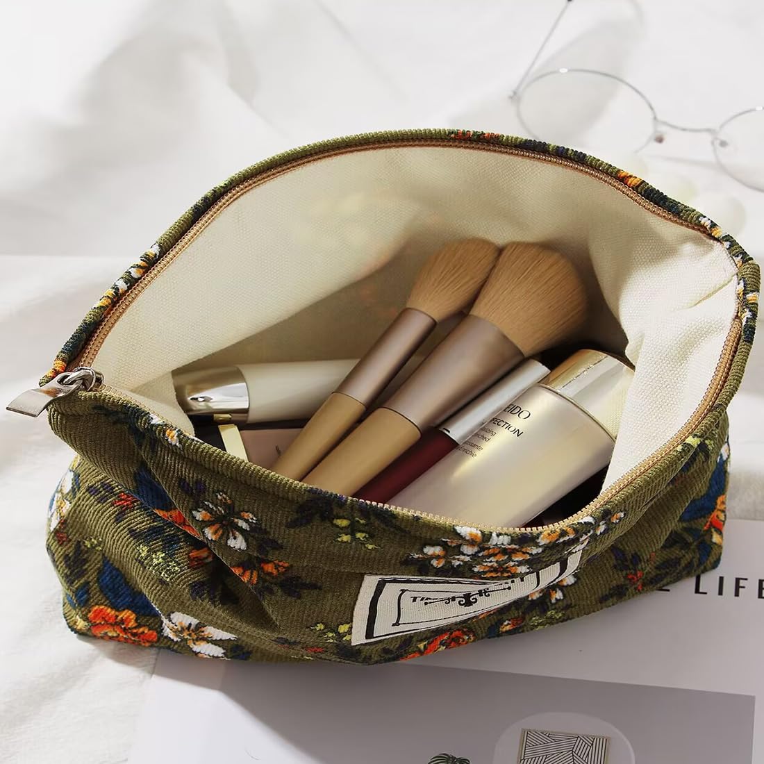 Floral Makeup Bags for Women, Large Cosmetic Pouch for Purse, Dark Green
