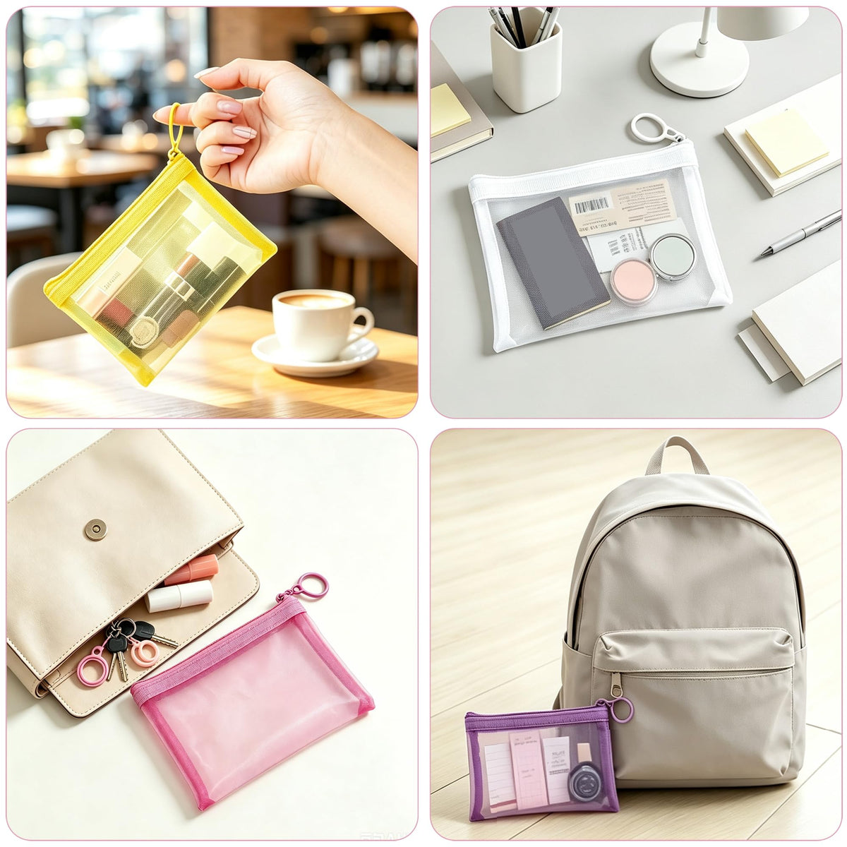 FOHOLA 2 Pack Mini Makeup Bags, Small Mesh Zipper Pouch Bags for Travel Organizer, Purse, Keychain (2, Pink Purple)