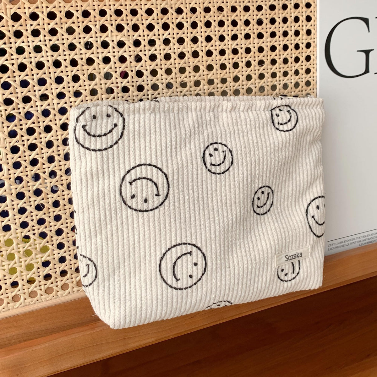 Gardsell Cosmetic Bags for Women - Corduroy Cosmetic Bag Aesthetic Women Handbags Purses Smile Dots Makeup Organizer Storage Makeup Bag Girls Case Bags (A-Beige)