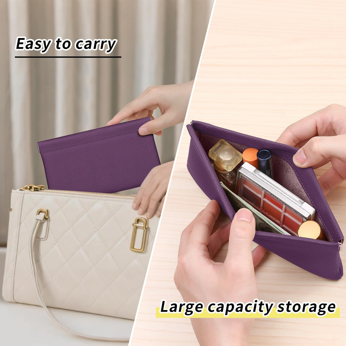Genuine Leather Pocket Cosmetic Bag for Purse,Coin Purse Lipstick Cosmetic Accessories Travel Pouch for Storage Waterproof Portable No Zipper Self-closing Small Makeup Pouch (Purple)