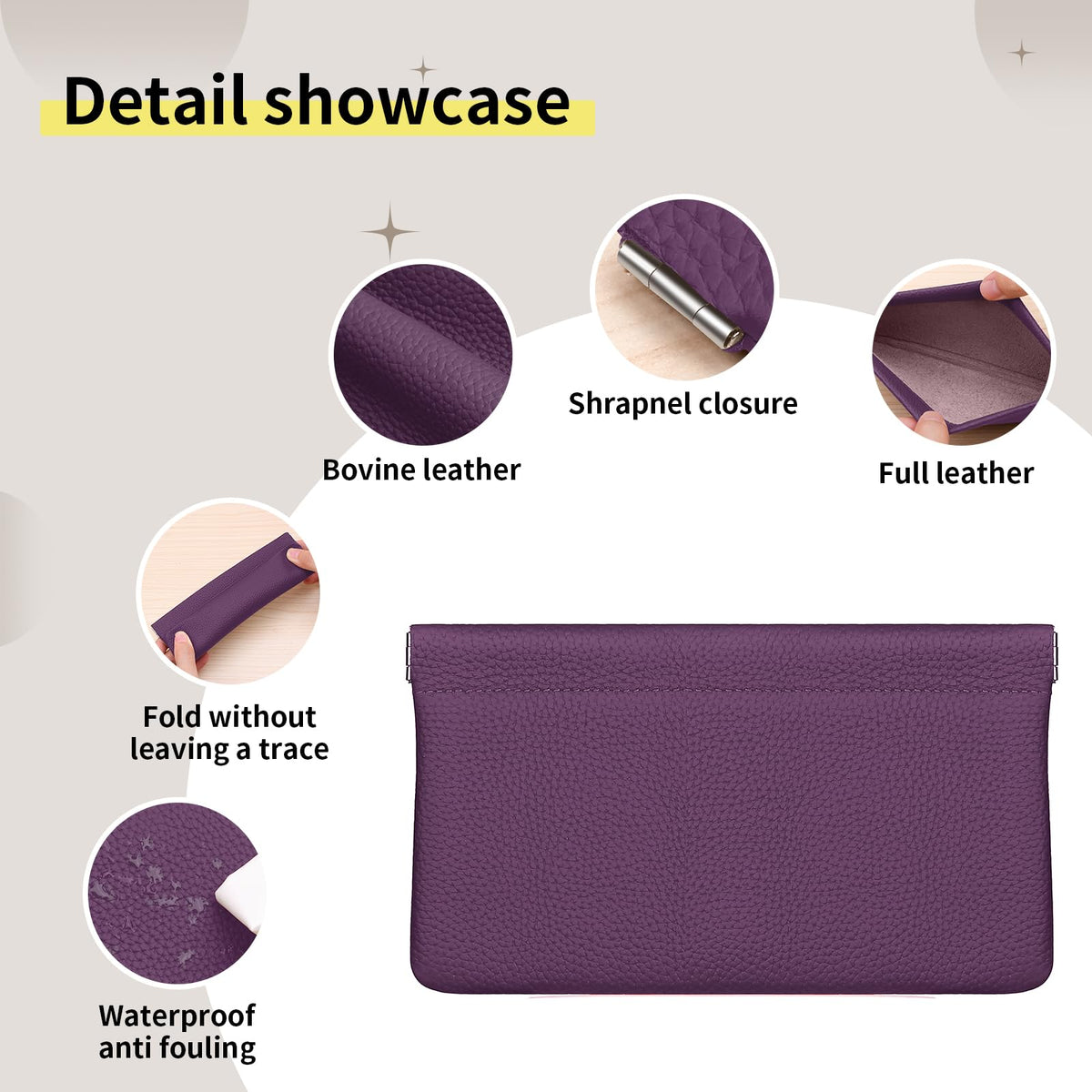 Genuine Leather Pocket Cosmetic Bag for Purse,Coin Purse Lipstick Cosmetic Accessories Travel Pouch for Storage Waterproof Portable No Zipper Self-closing Small Makeup Pouch (Purple)