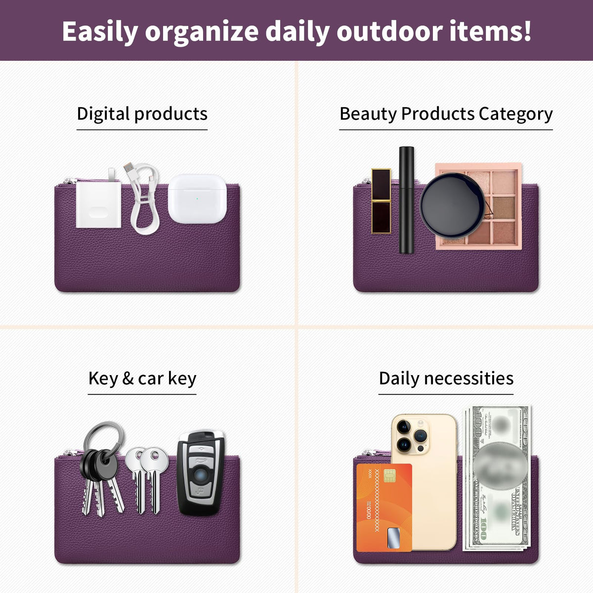 Genuine Leather Zipper Purse, Travel Makeup Bag With Zipper for Men Women Coin Bag Lipstick Cosmetic Accessories Organizer, Travel Kit Storage Pouch (Purple)