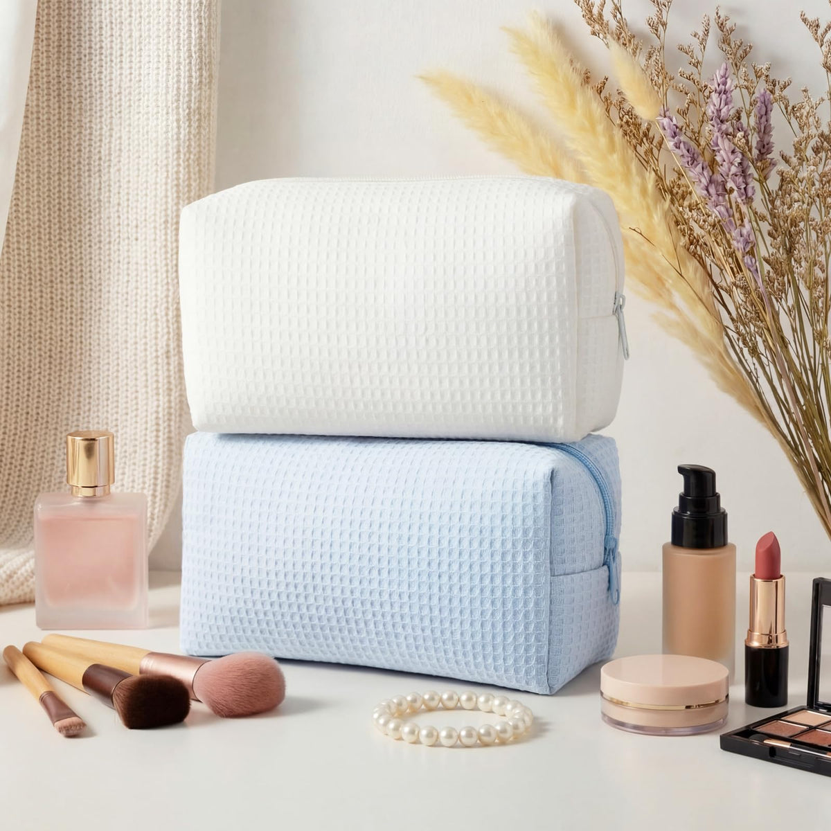 Gilprop 2Pcs Cozy Makeup Bag for Women Portable Travel Waffle Toiletry Bag Wedding Gift Soft Aesthetic Makeup Organizer Large Pouch with Zipper for Bridesmaid Lady Sister Daughter (Blue White,2 Pcs)