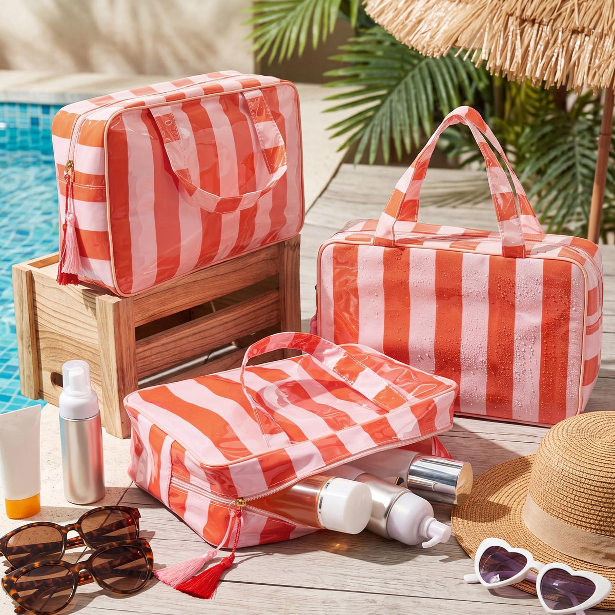 Gilprop 3 Pcs Waterproof Travel Toiletry Bag Clear Coated Stripe Makeup Bag with Handle Portable PVC Large Cosmetic Bags for Women Toiletries Bathroom Essentials Vacation Accessories(Pink-orange)