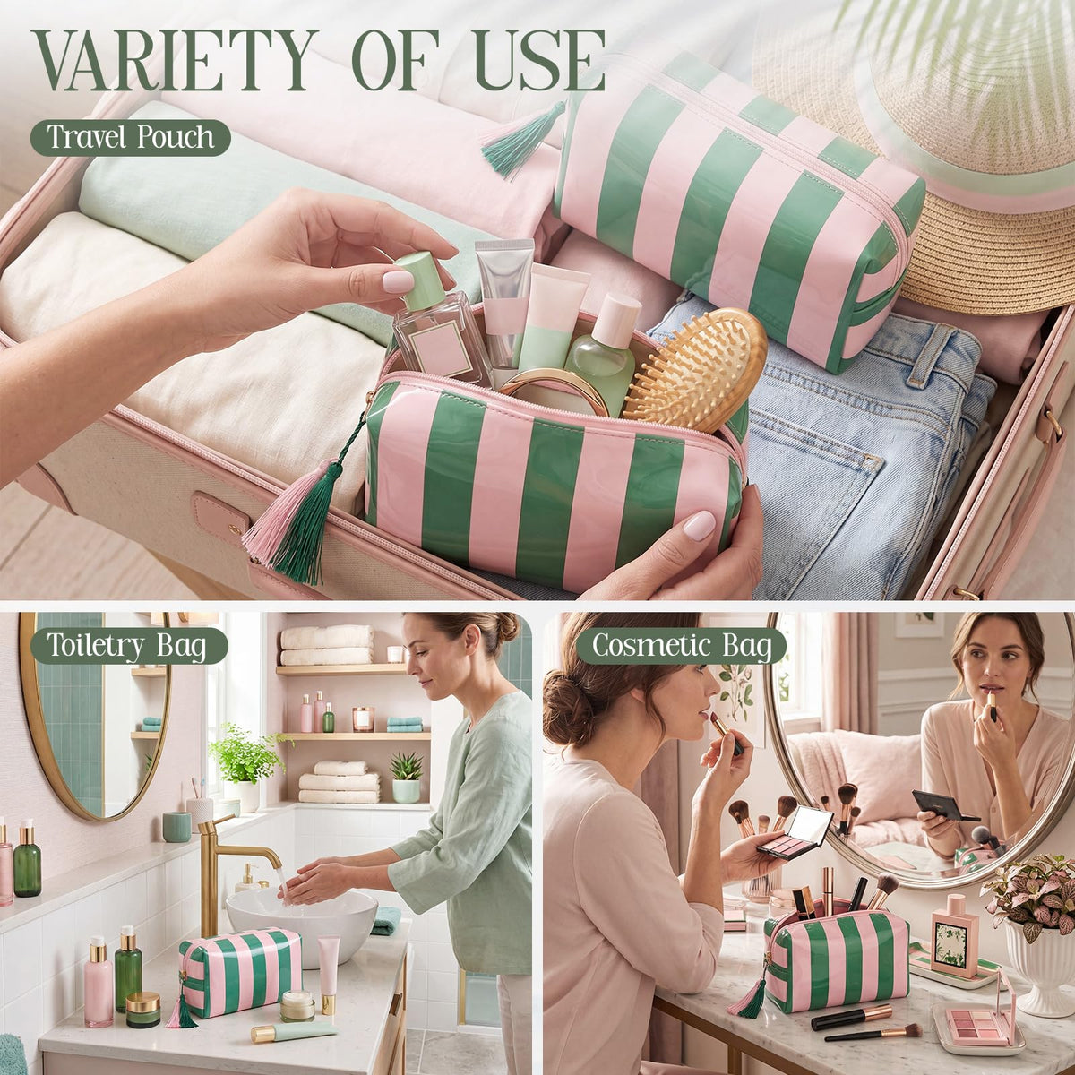 Gilprop 6 Pcs Waterproof Striped Makeup Bag Bulk for Women Pink Green PVC Travel Cosmetic Bag with Tassel Clear Coated Toiletry Organizer Beach Zipper Pouch for Pool Bathroom Vacation Bridal Showers