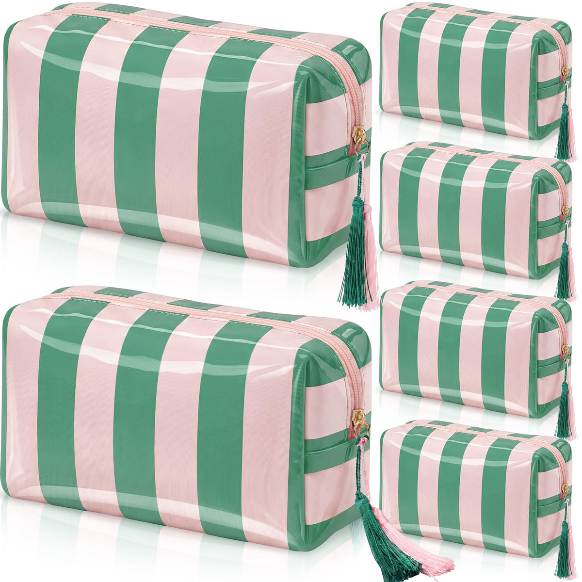 Gilprop 6 Pcs Waterproof Striped Makeup Bag Bulk for Women Pink Green PVC Travel Cosmetic Bag with Tassel Clear Coated Toiletry Organizer Beach Zipper Pouch for Pool Bathroom Vacation Bridal Showers