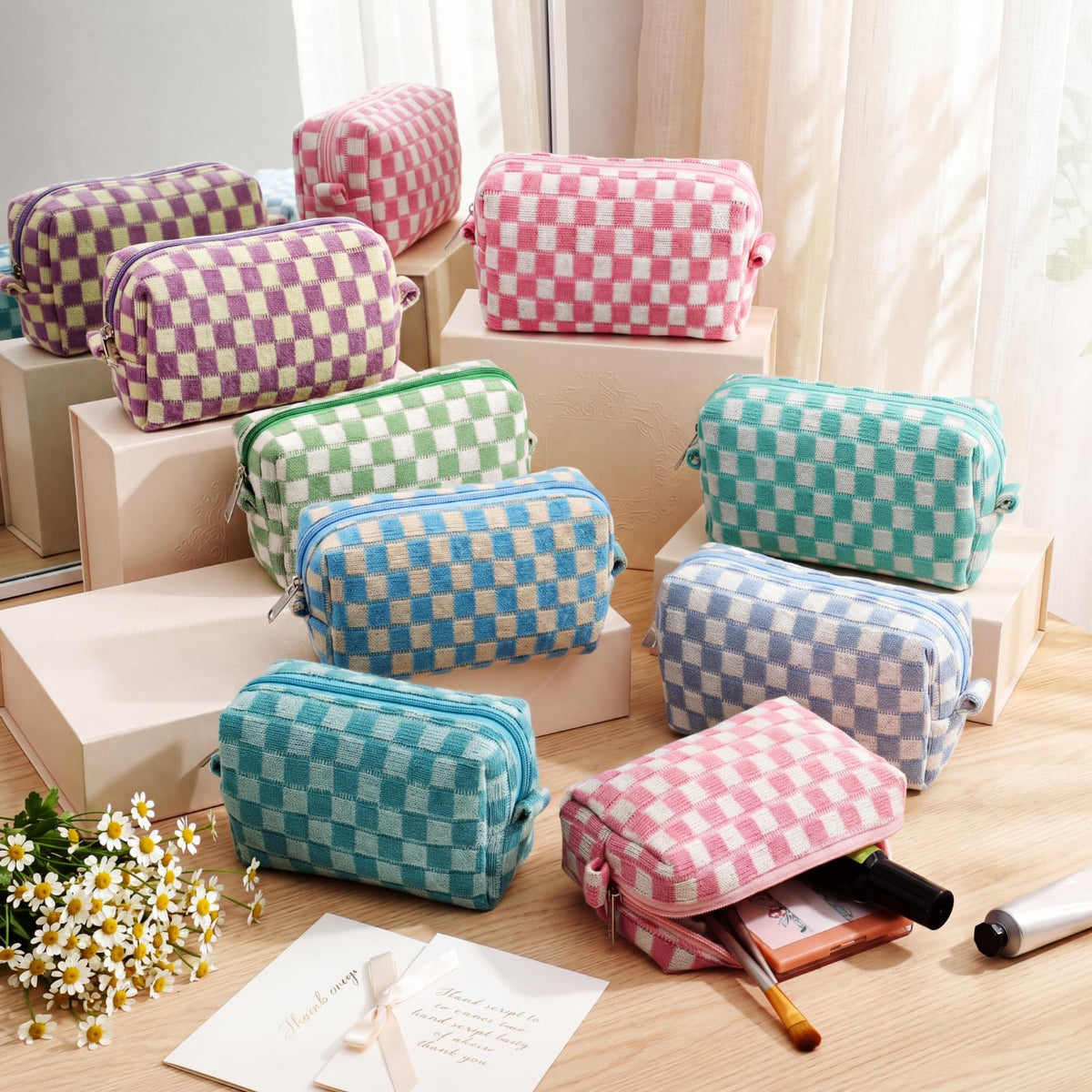 Gilprop 8 Pcs Checkered Makeup Bag Small Cosmetic Pouch Bulk,Colorful 2