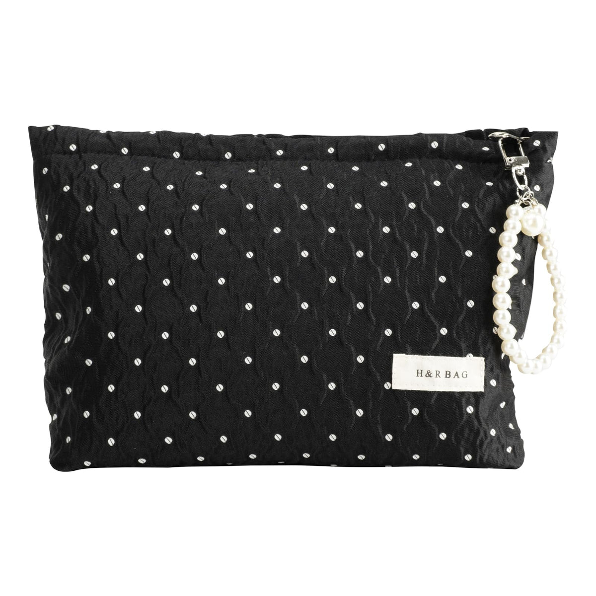 giteo bedding Makeup Bag, Travel Portable Cosmetic Bags for Women Girls, Elegant Polka Dot Make Up Case with Pearl Charm, Large Capacity Toiletry Organizer, Daily Use Pouches for Purse