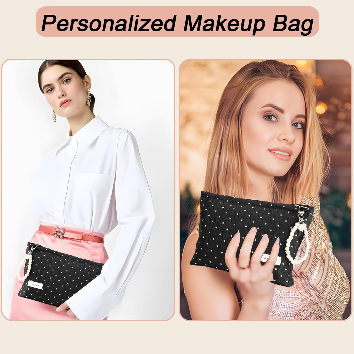 giteo bedding Makeup Bag, Travel Portable Cosmetic Bags for Women Girls, Elegant Polka Dot Make Up Case with Pearl Charm, Large Capacity Toiletry Organizer, Daily Use Pouches for Purse