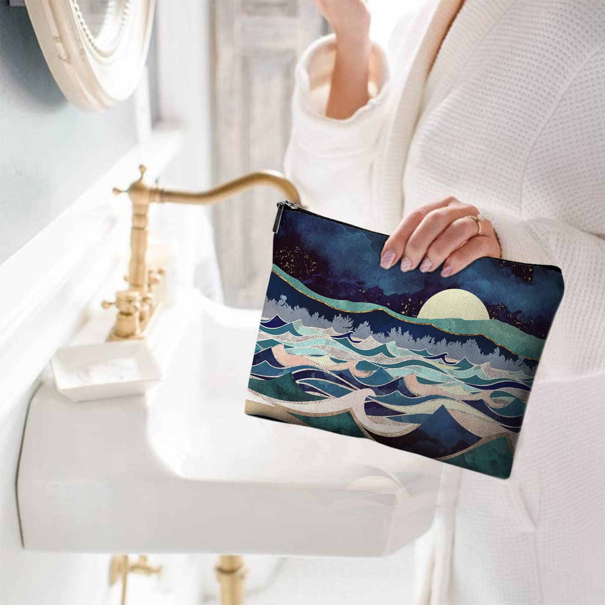 Givotin Cute Makeup Bag for Purse Canvas Waterproof Funny Cosmetic Bags for Women Zipper Travel Toiletry Pouch-Mountain Makeup Bags-Blue