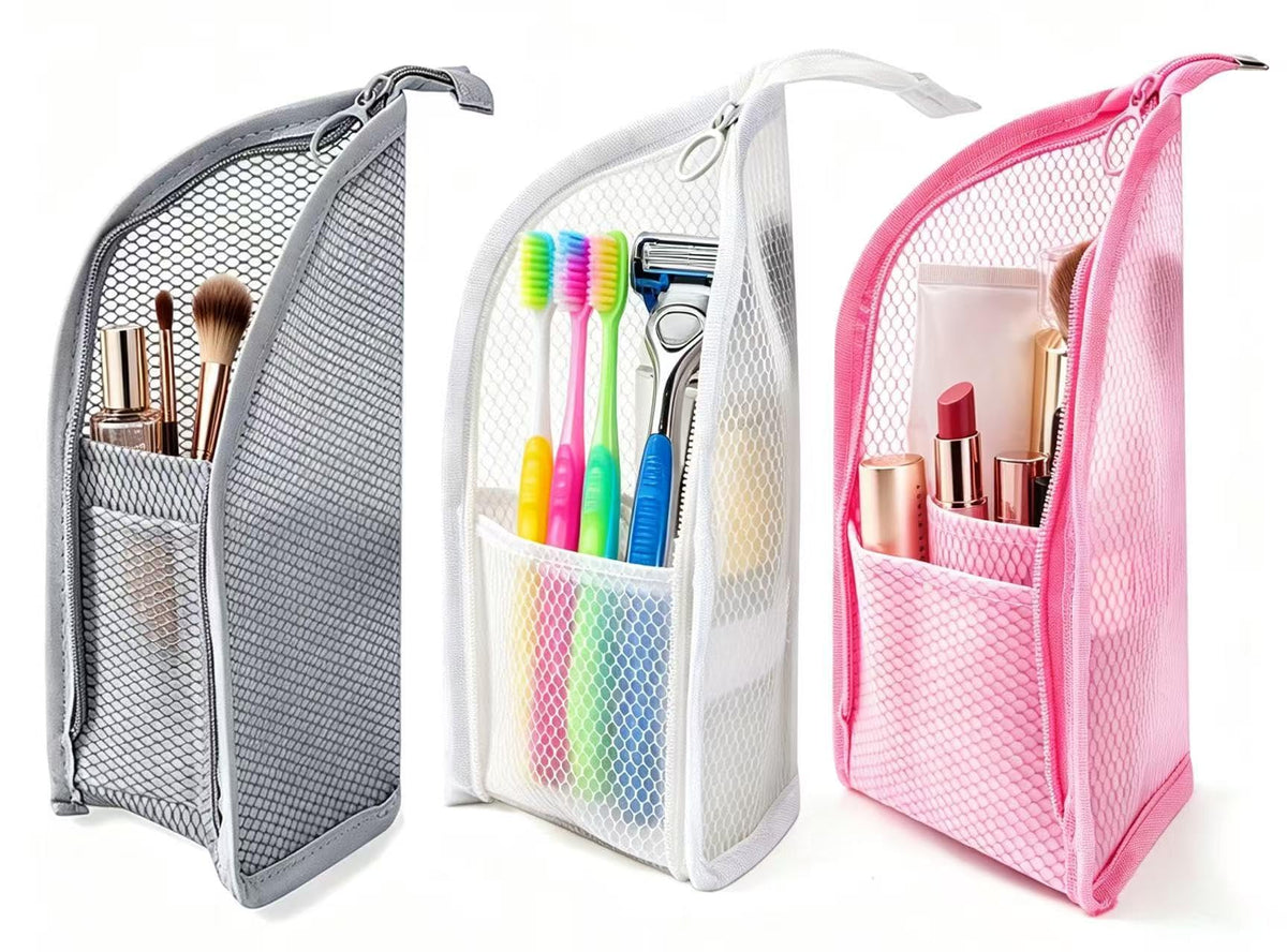 GLLCTLZ Portable 3-Pack Standing Toiletry Bag，Foldable Clear Hanging Travel Cosmetic Bag–Waterproof EVA Mesh, Large Capacity Travel Organizer for Men & Women