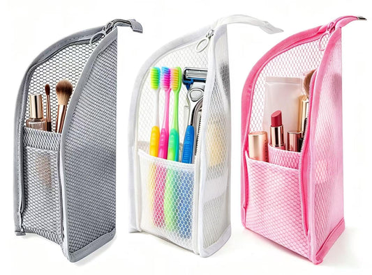 GLLCTLZ Portable 3-Pack Standing Toiletry Bag，Foldable Clear Hanging Travel Cosmetic Bag–Waterproof EVA Mesh, Large Capacity Travel Organizer for Men & Women