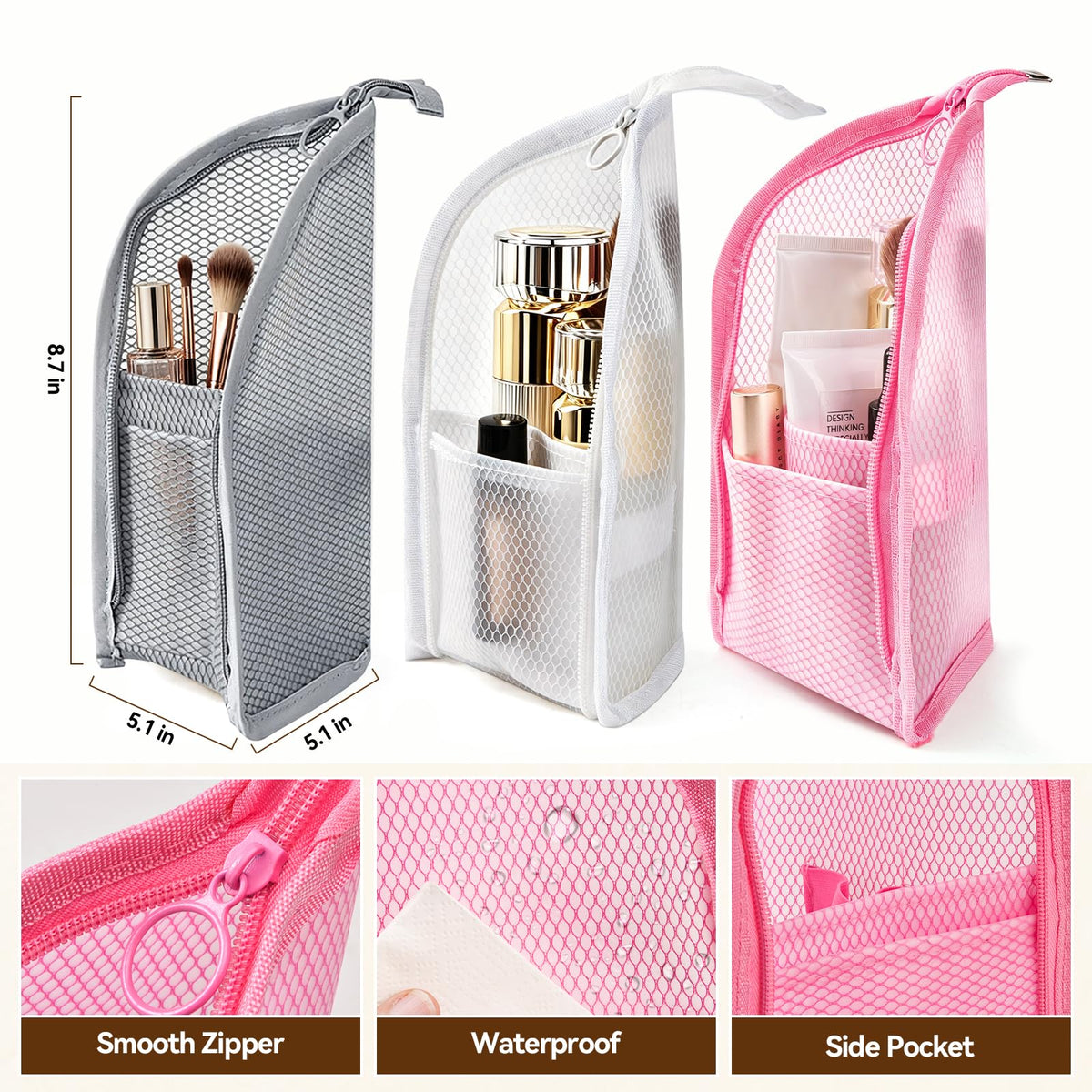 GLLCTLZ Portable 3-Pack Standing Toiletry Bag，Foldable Clear Hanging Travel Cosmetic Bag–Waterproof EVA Mesh, Large Capacity Travel Organizer for Men & Women