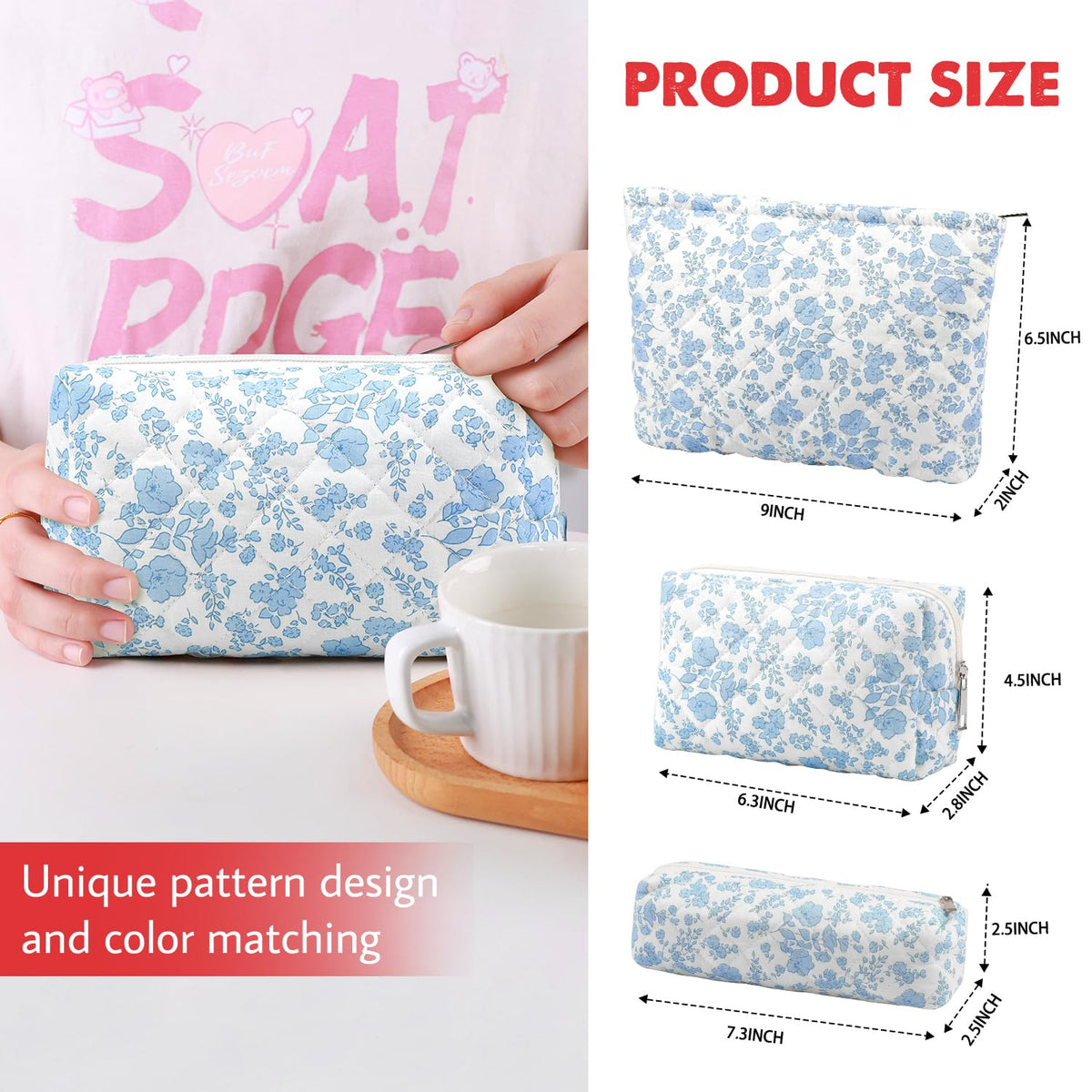 Gocvo 3 Pcs Makeup Bag Cosmetic Bag Set for Girls Women Checkered Travel Organizer Bathroom Toiletry Pouch Large Capacity Storage Bag(Blue Flower)