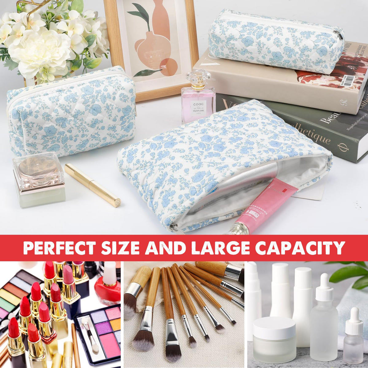 Gocvo 3 Pcs Makeup Bag Cosmetic Bag Set for Girls Women Checkered Travel Organizer Bathroom Toiletry Pouch Large Capacity Storage Bag(Blue Flower)