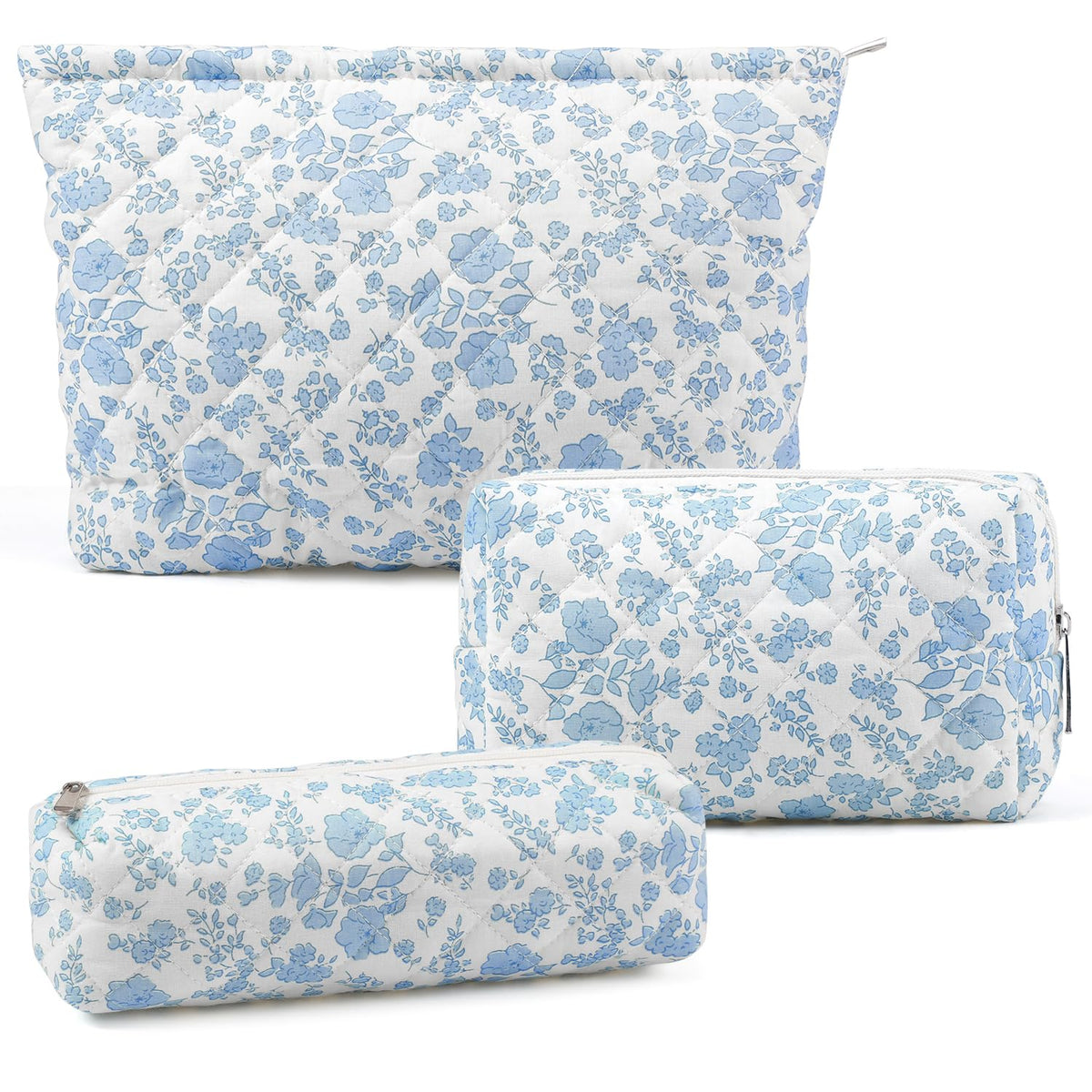 Gocvo 3 Pcs Makeup Bag Cosmetic Bag Set for Girls Women Checkered Travel Organizer Bathroom Toiletry Pouch Large Capacity Storage Bag(Blue Flower)