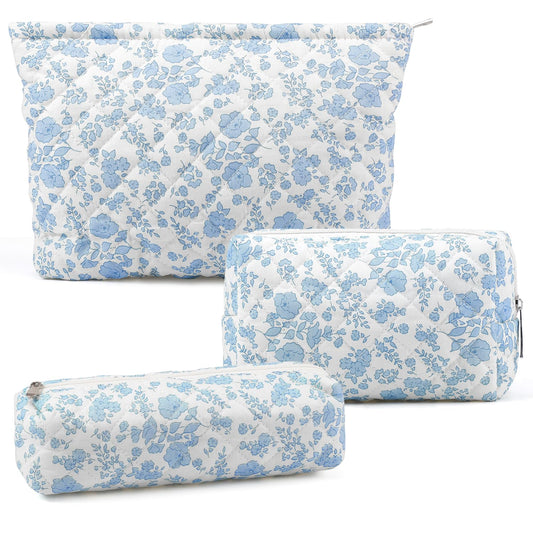 Gocvo 3 Pcs Makeup Bag Cosmetic Bag Set for Girls Women Checkered Travel Organizer Bathroom Toiletry Pouch Large Capacity Storage Bag(Blue Flower)
