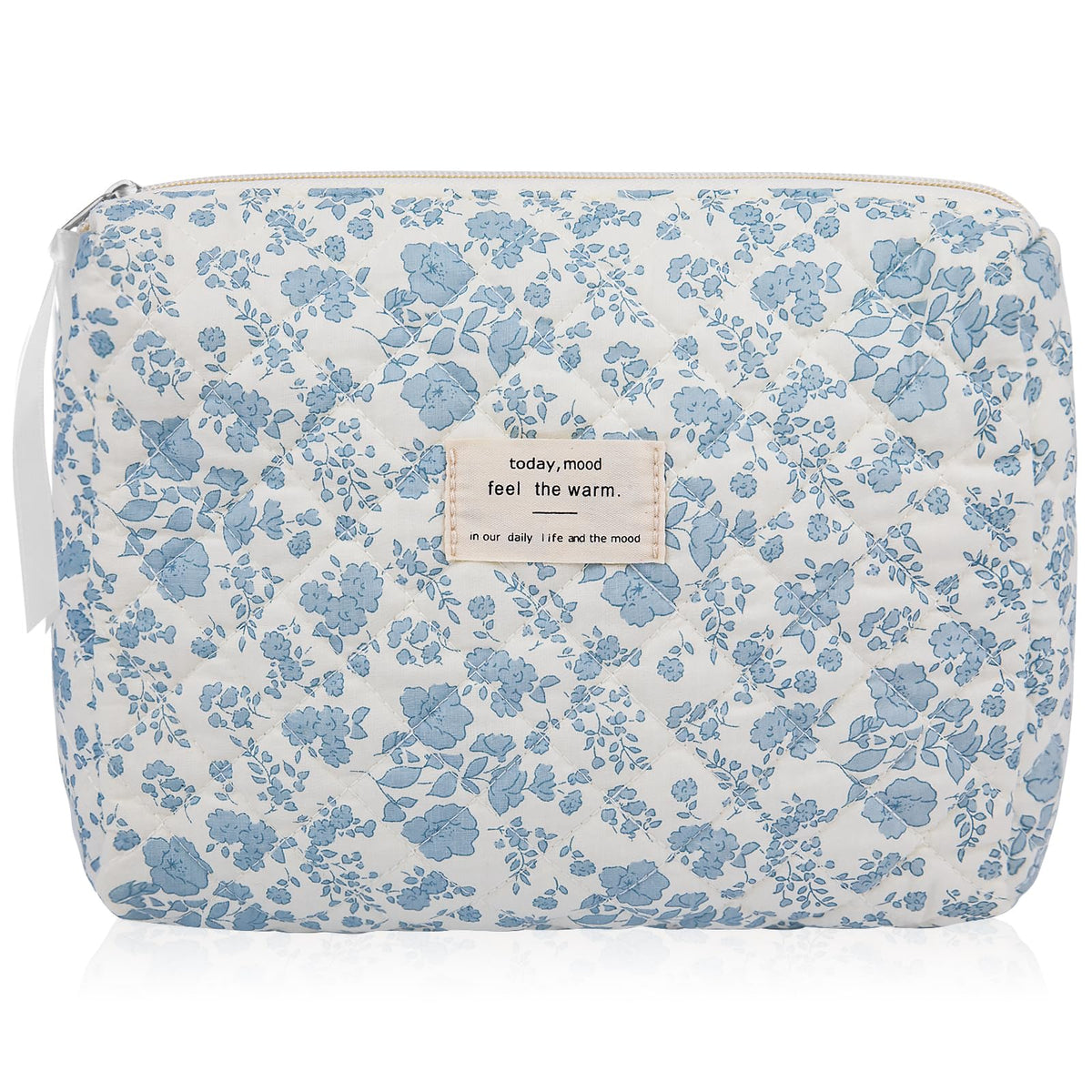 Gosect Floral Makeup Bag, Large Cosmetic Bag for Women Girls, Cute Cotton Make up Pouch, Quilted Makeup Bags, Flower Travel Toiletry Organizer Bag(Blue Floral)