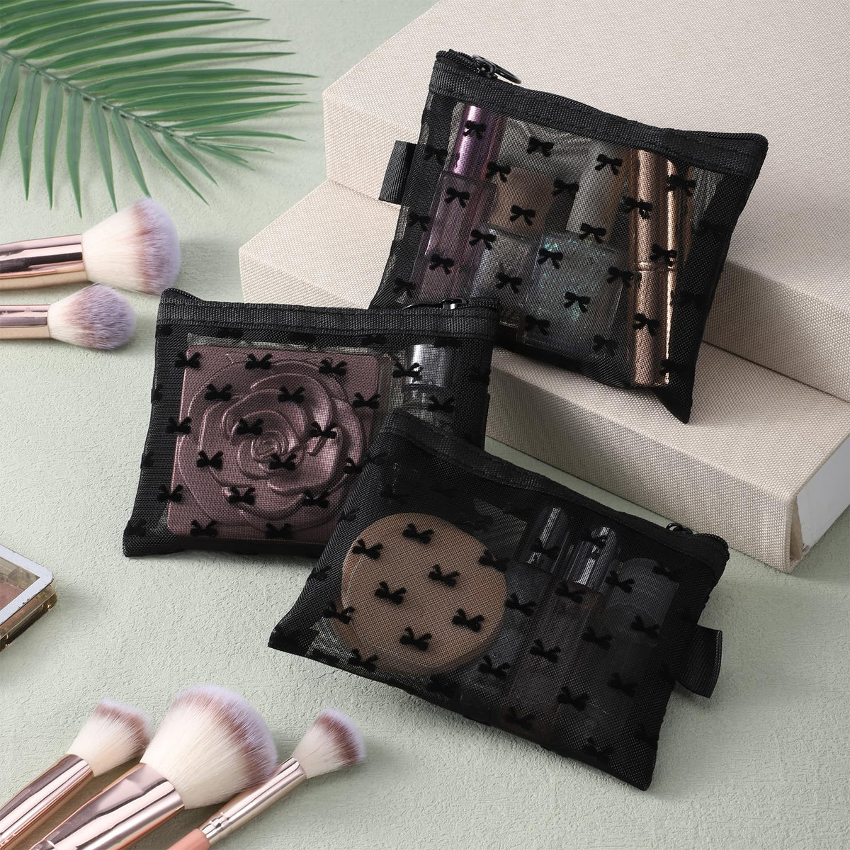 Gtziqa 3 PCS Bow Print Mesh Pouch with Zipper, Mesh Zipper Cosmetic Bags