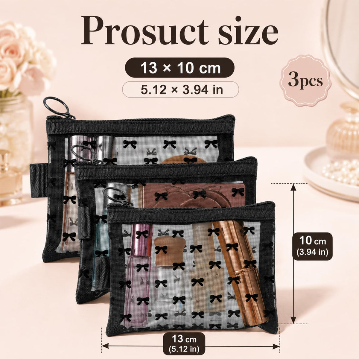 Gtziqa 3 PCS Bow Print Mesh Pouch with Zipper, Mesh Zipper Cosmetic Bags