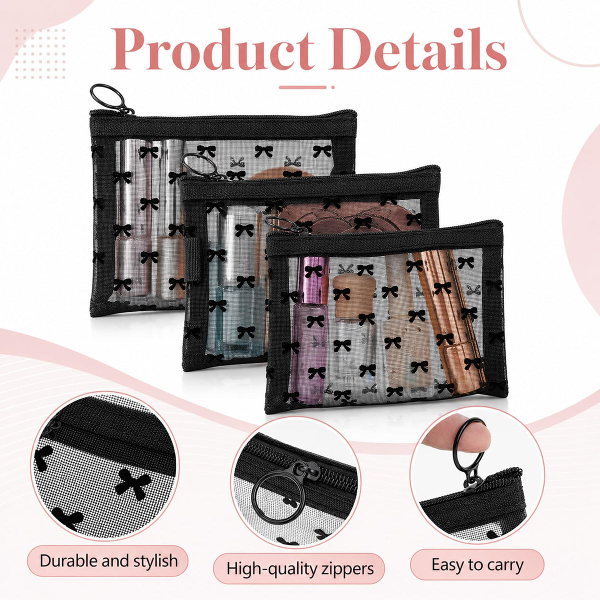 Gtziqa 3 PCS Bow Print Mesh Pouch with Zipper, Mesh Zipper Cosmetic Bags