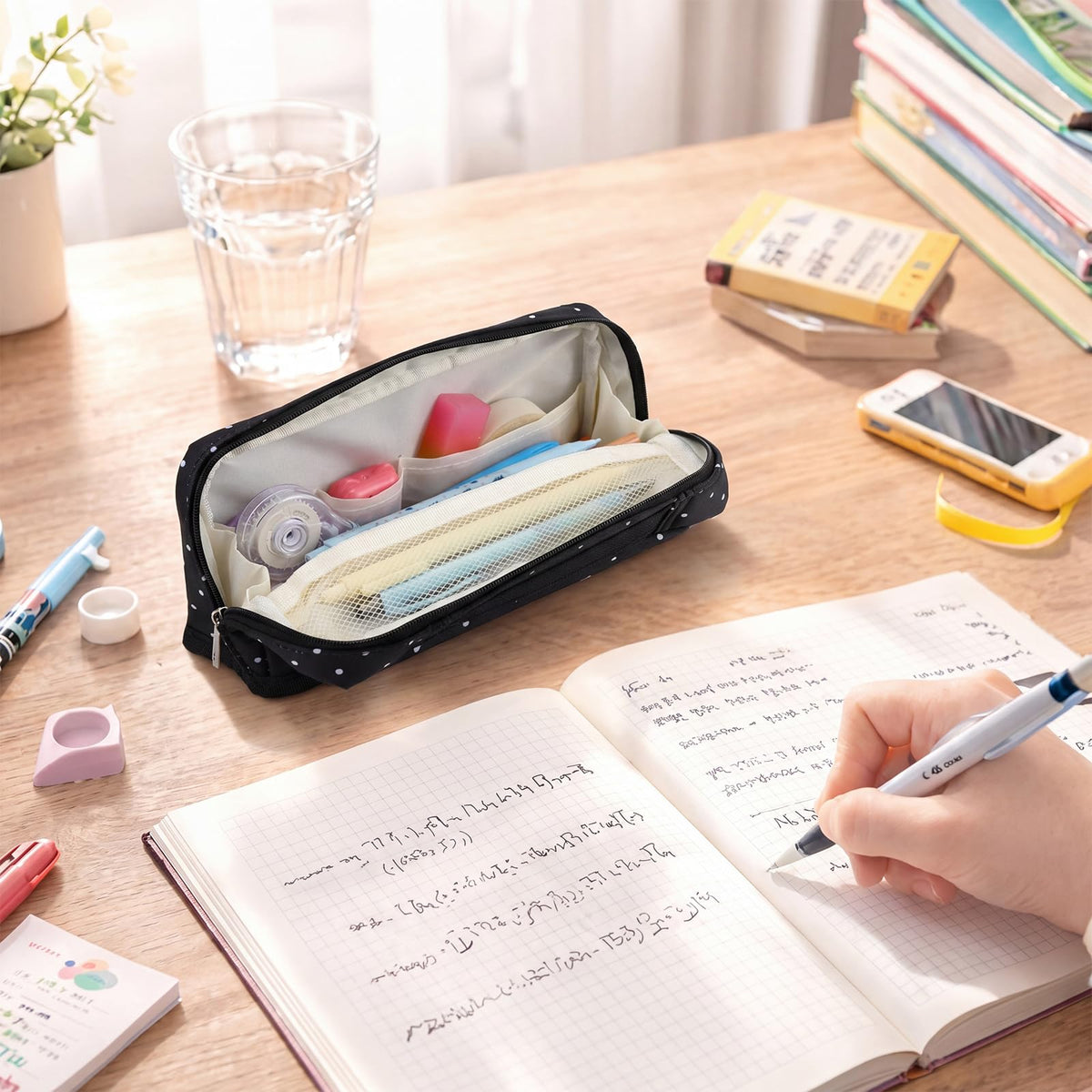 Gueevin Large Capacity Pencil Case Polka Dot Pencil Case Black and White Pen Pouch with Multiple Compartments Foldable Portable Stationery Organizer Makeup Bag for Adults(Black)