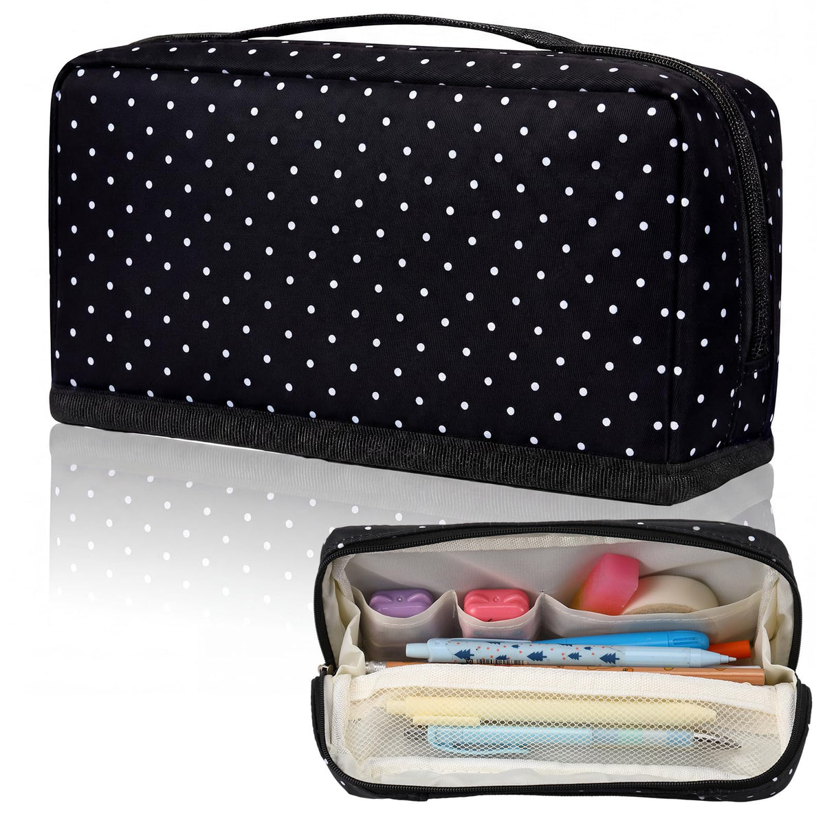 Gueevin Large Capacity Pencil Case Polka Dot Pencil Case Black and White Pen Pouch with Multiple Compartments Foldable Portable Stationery Organizer Makeup Bag for Adults(Black)