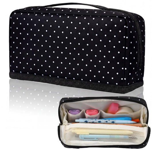Gueevin Large Capacity Pencil Case Polka Dot Pencil Case Black and White Pen Pouch with Multiple Compartments Foldable Portable Stationery Organizer Makeup Bag for Adults(Black)